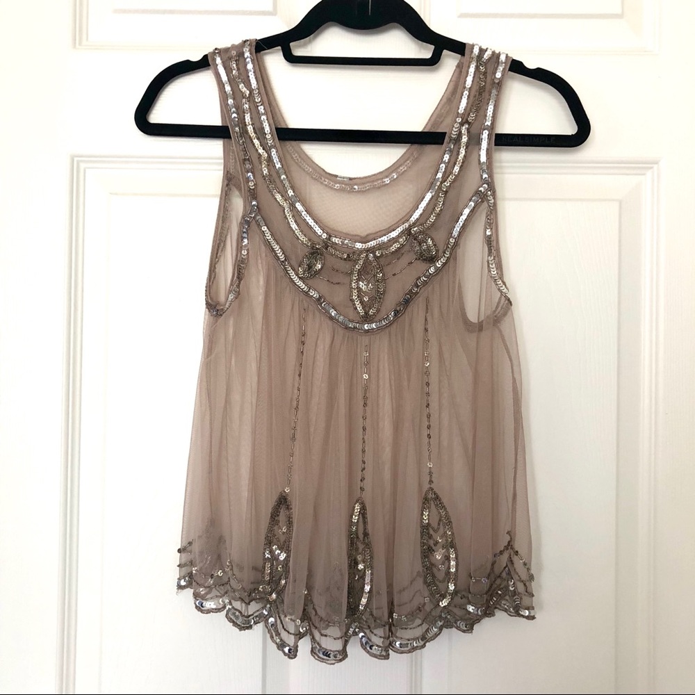 Tulle Mesh Sequin Scalloped Tank Top